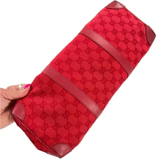 GUCCI GG Canvas Boston Bag, Red Jacquard Fabric, Red Leather Trim, Authentic